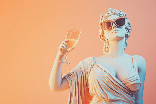 Statue of Greek goddess wearing sunglasses with a glass of champagne on peach background. Celebration. Party. Woman with a glass of champagne.
