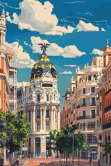 Naklejka premium Vintage postcard from Madrid. View of Madrid, travel in Spain. Spain City Skyline with color Buildings. Vertical banner, copy space. Modern and Historic Architecture. Madrid Day. Tourist attractions