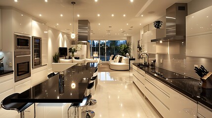 A sleek kitchen featuring glossy white cabinets and black accents, creating a modern, stylish space with a clean and sophisticated aesthetic.