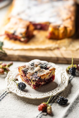 Fresh and hot blackberry cake made of blackberries, flour and eggs. Vegan fruit sponge cake
