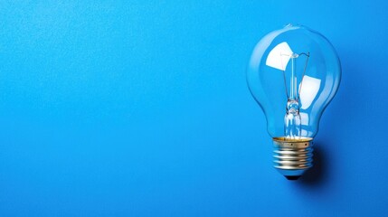 A solitary lightbulb illuminating a blue background with copy space