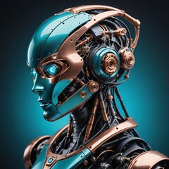 Futuristic Humanoid Robot with Teal Helmet and Exposed Copper Components