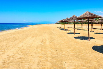 Row of wooden umbrellas at sandy beach, sea