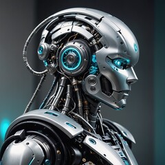 Fototapeta premium Futuristic Humanoid Robot with Metallic Blue Helmet in Profile View