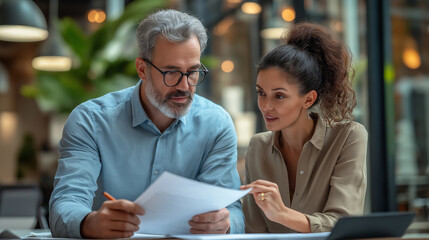 Fototapeta premium A work environment where two colleagues are working together. These individuals appear to be intensely focused on reviewing a document, discussing or analyzing.