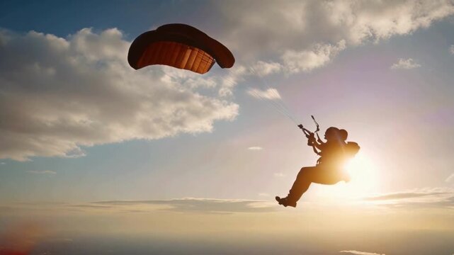 The silhouette of a skydiver glides downward, producing a remarkable contrast against the scenic sky