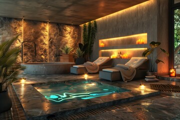 A luxurious spa with an indoor pool, candles and comfortable sun loungers
