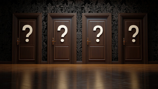 Dark hallway with four doors marked with question marks