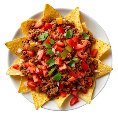 Isolated Plate of Beef Nachos Topped with Fresh Vegetables.