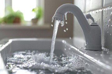 Beautiful close-up of water gracefully leaking from the pristine white sink pipe in a lovely kitchen setting.