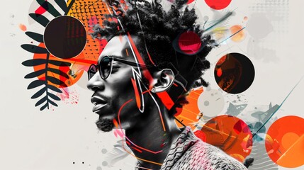 Artistic portrait of a young african black man merging with modern graphic shapes, conveying a sense of hope and determination for the future; modernist collage with abstract art and graffiti