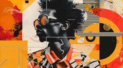 Portrait of a young man wearing sunglasses and a colorful shirt, combined with abstract geometric shapes and textures