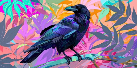 Obraz premium Black crow perched on branch among colorful leaves.