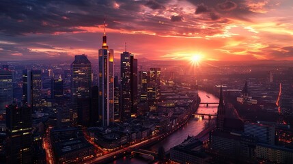 Fototapeta premium Sunset Over Germany's New Skyscraper Canyon