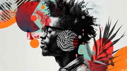 Modernist collage of African american young man with creative energy, surrounded by colorful graphic elements in a modern and abstract composition inspired by pop art culture