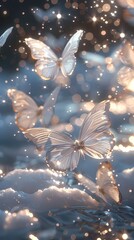 Digital technology butterflies flying over the snow fantasy scene abstract graphic poster background