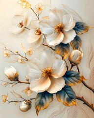Elegant illustration of white flowers with gold accents and detailed leaves on a soft background, ideal for use in interior design, wallpapers, greeting cards, and art prints,