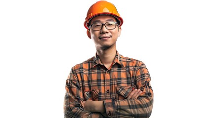 Confident young male construction worker in plaid shirt and orange hard hat ideal for promoting safety, construction projects, and engineering services,
