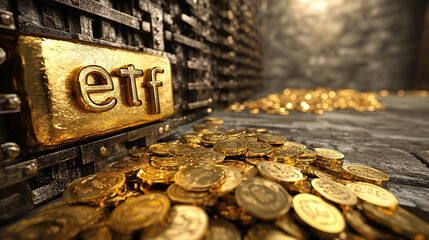 Gold bar with ETF inscription and stack of gold coins