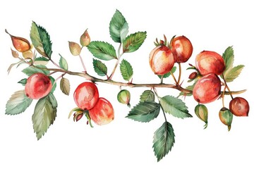 Botanical Illustration of Dog Rose with Green Leaf and Red Berries