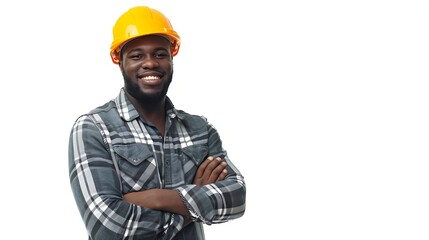 A confident man wearing a yellow hard hat and plaid shirt smiles warmly with arms crossed ideal for promoting construction, engineering, or safety-related content,