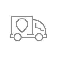 Delivery truck with shield line icon. Safe and secured delivery outline vector.
