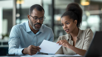 Two colleagues at work reviewing a document together. The atmosphere in the image looks collaborative and clearly emphasizes teamwork and discussion.