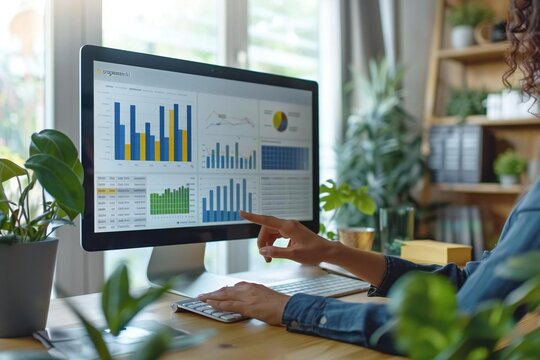 Beautiful businesswoman's hand analyzing graph on computer screen at workplace.