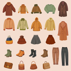 Women's autumn or winter clothes Girl's outfit Coat jaket sweater skirt trousers shoes handbag