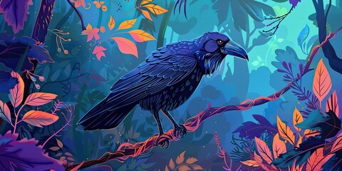 Fototapeta premium A raven perched on a branch in a forest.