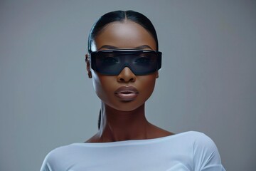 Beautiful African American woman before and after undergoing laser hair removal treatment on grey background.