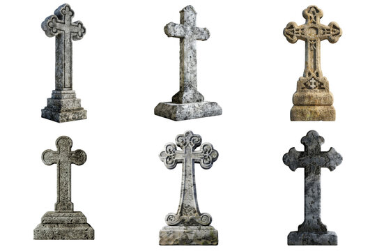 Six Stone Crosses With Elaborate Designs and Worn Surfaces