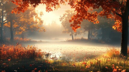 Fototapeta premium Misty Autumn Forest with Sunlit Foliage and Fallen Leaves