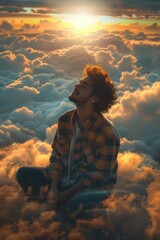 Obraz premium A person sitting on cloudy terrain with misty atmosphere, suitable for use in weather-related or atmospheric backgrounds