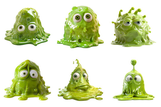Six Green Slime Monsters with Different Expressions