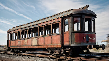 Obraz premium A wooden passenger railcar from the early twentieth century, with peeling paint and worn-out seats, resting on diverted tracks