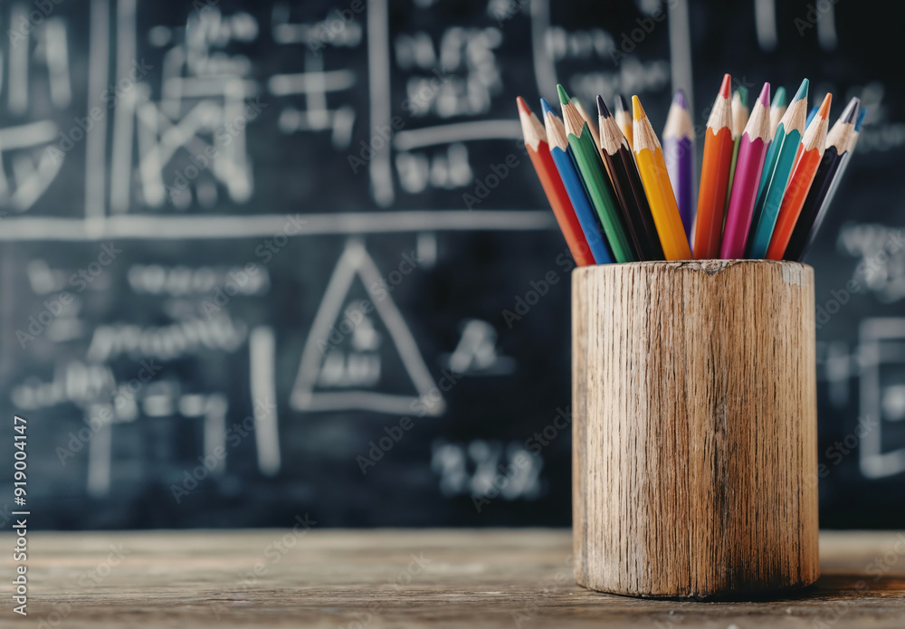 Aufkleber back to school concept with colorful pencils standing in wooden container with blurred chalkboard ba