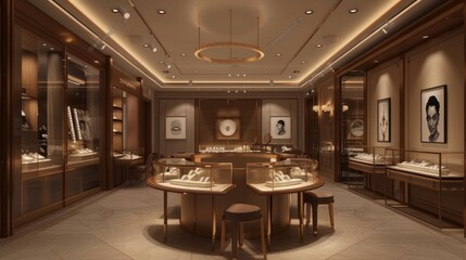 A store with a lot of glass cases and a lot of light