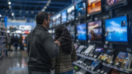 Obraz premium A man and woman are looking at a display of televisions