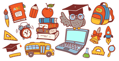 Vector color cute illustration set of back to school education symbols and objects