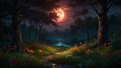 Fototapeta premium The image shows a full moon rising over a forest with a small stream running through it. The moon reflects in the water.