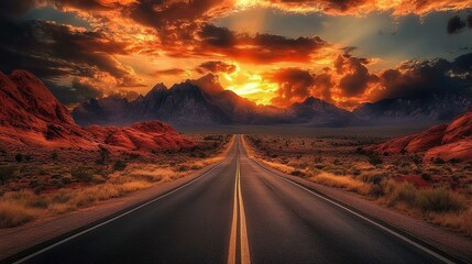 A Scenic Road Through a Desert Landscape with a Dramatic Sunset