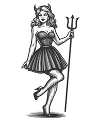 three female devil characters, short dresses and platform boots, various playful poses engraving generative ai fictional character raster illustration. Scratch board imitation. Black and white image.