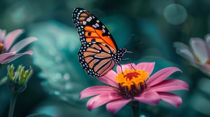 Fototapeta premium Monarch Butterfly on Pink Flower in Vibrant Garden