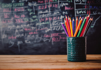 Back to school concept, colorful pencils standing in a green cup on a desk with a blurred blackboard in the background