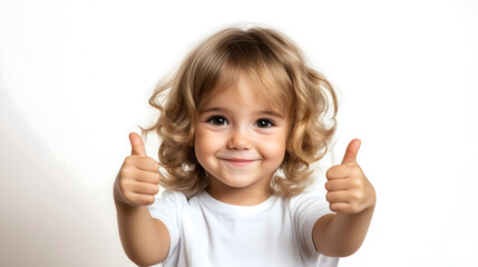 portrait of isolated 6 - 7 years old blond kid showing thumbs up; white background/wall; happy smiling child making hand gesture