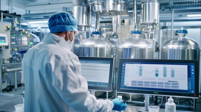 A scientist is working in a lab with two computer monitors