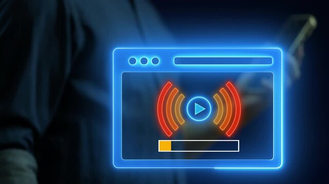 Streaming, digital contents, social networking service. Social media, digital online social communication applications concept. Businessman showing glowing neon line streaming icon on virtual screen.