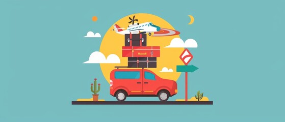 Naklejka premium Cartoon Drawing of a Road Trip Scene with Tetradic Color Scheme.