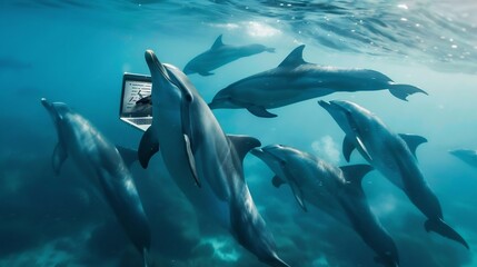 Obraz premium Dolphins Surrounded By Bubbles and Sunlight Underwater With A Laptop